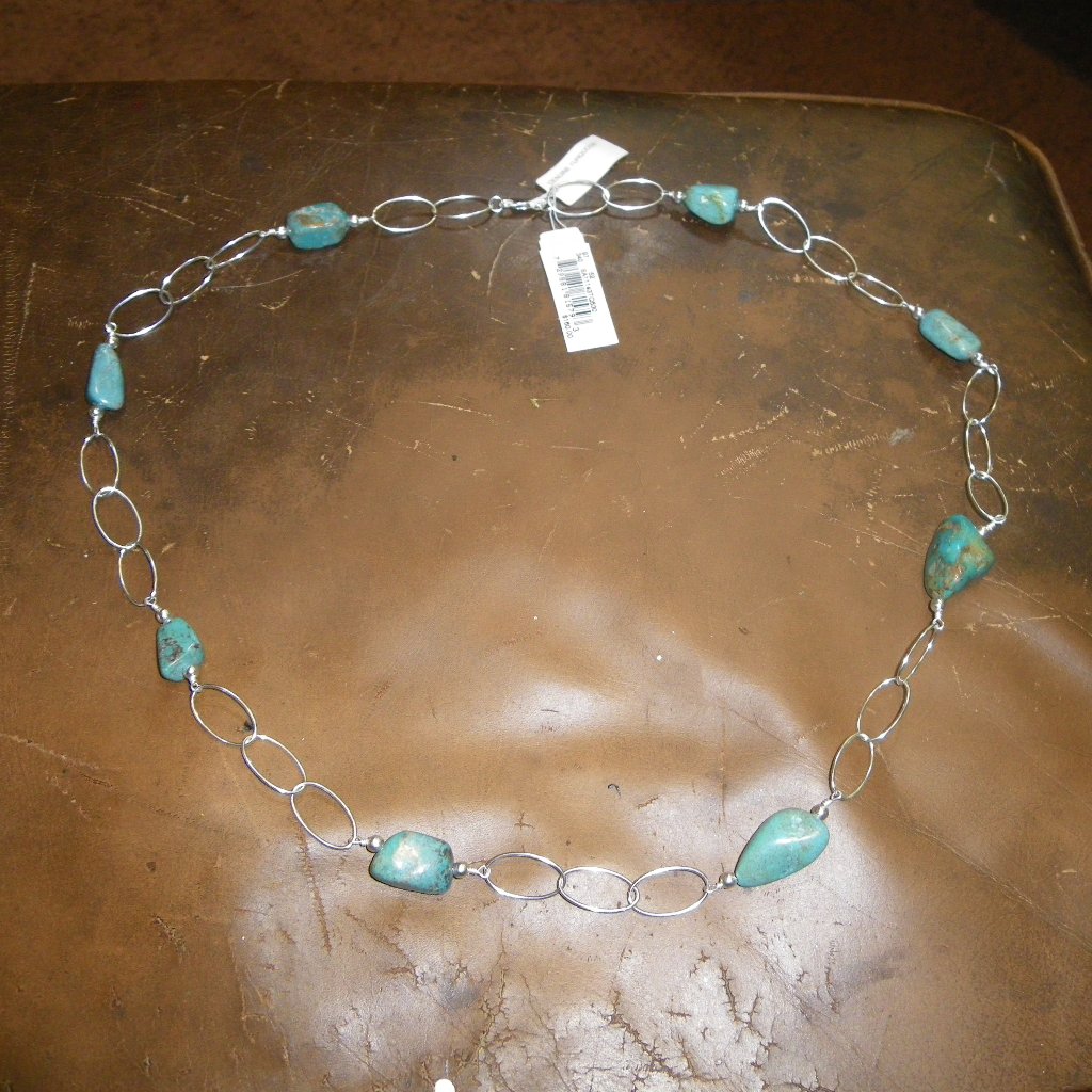 Unisex Sterling Silver Large Link Statement Necklace W Large Turquoise Stones 125$